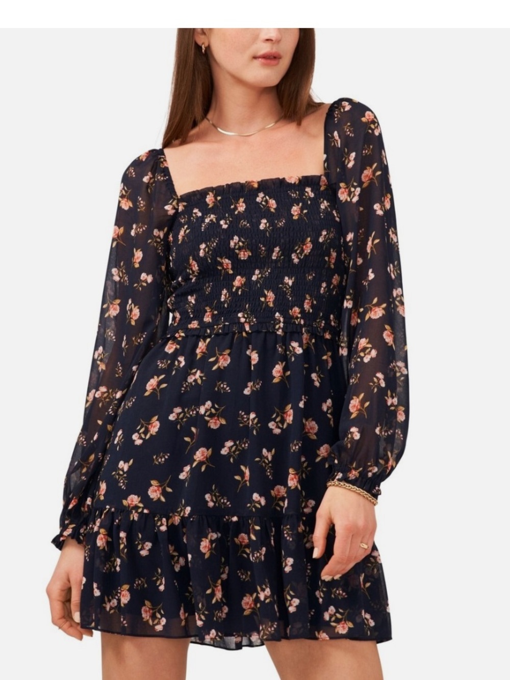 1. State Navy Floral Smocked Long-Sleeve Mini Dress with Pink Flowers